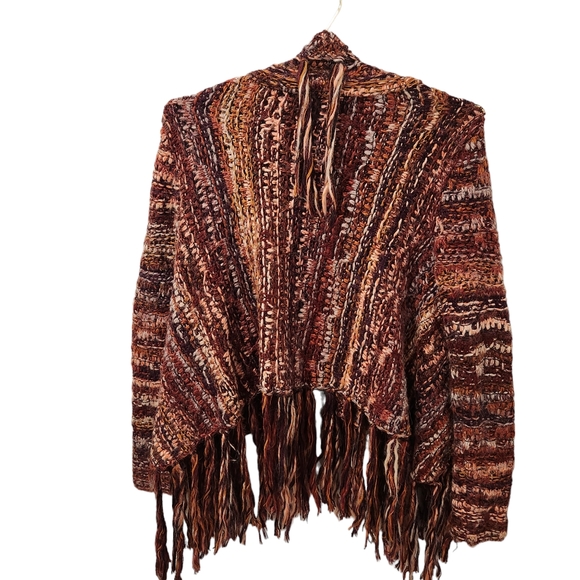 Free People Burgundy fringe open knit cardigan size small - Picture 3 of 6